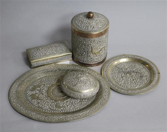 Indian metalware: three lidded bowls and two dishes